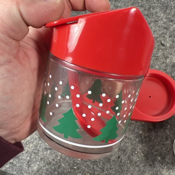 Vintage 1970’s Gemco Cream And Sugar Glass Set w/ Holder Spoon Christmas Trees - Picture 10 of 12